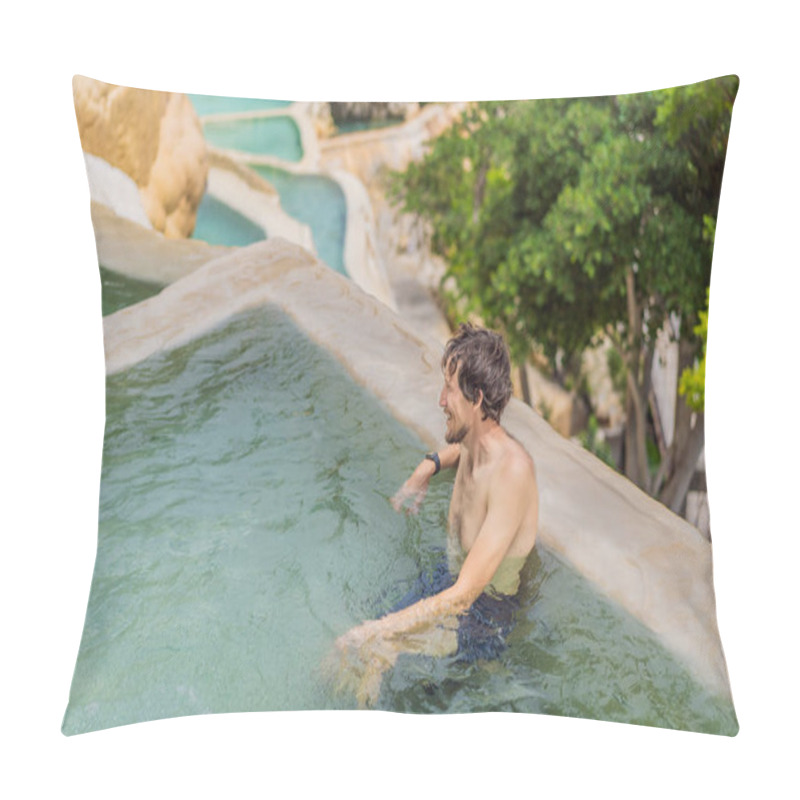 Personality  Male Tourist At The Hot Springs Of Grutas Tolantongo, Mexico. Adventure, Relaxation, And Natural Wellness Concept. Pillow Covers