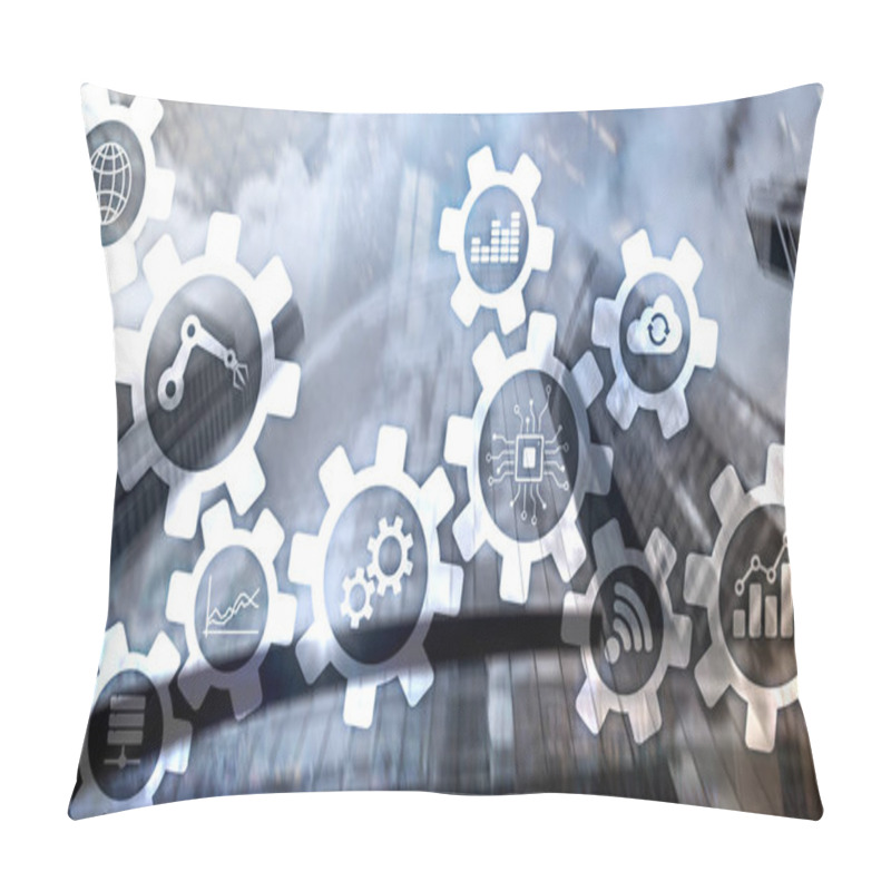 Personality  Automation Technology And Smart Industry Concept On Blurred Abstract Background. Gears And Icons. Pillow Covers