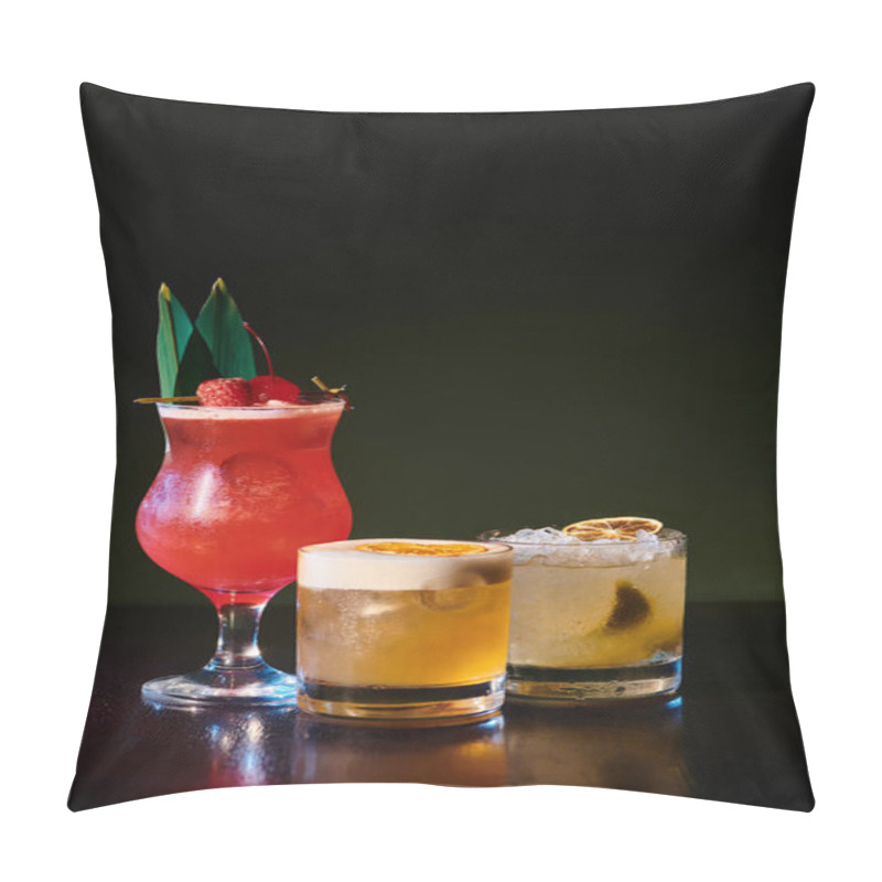 Personality  Tropical Caipirinha And Singapore Sling, Elegant Whiskey Sour On Black Backdrop, Concept Pillow Covers