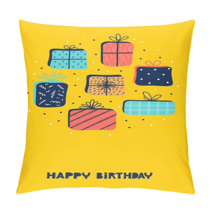 Personality  Happy Bday Wishes Vertical Greeting Card Or Banner. Template With Happy Birthday Typography And A Pile Of Gifts Boxes With Ribbons. Festive Graphic Elements In Flat Design. Pillow Covers