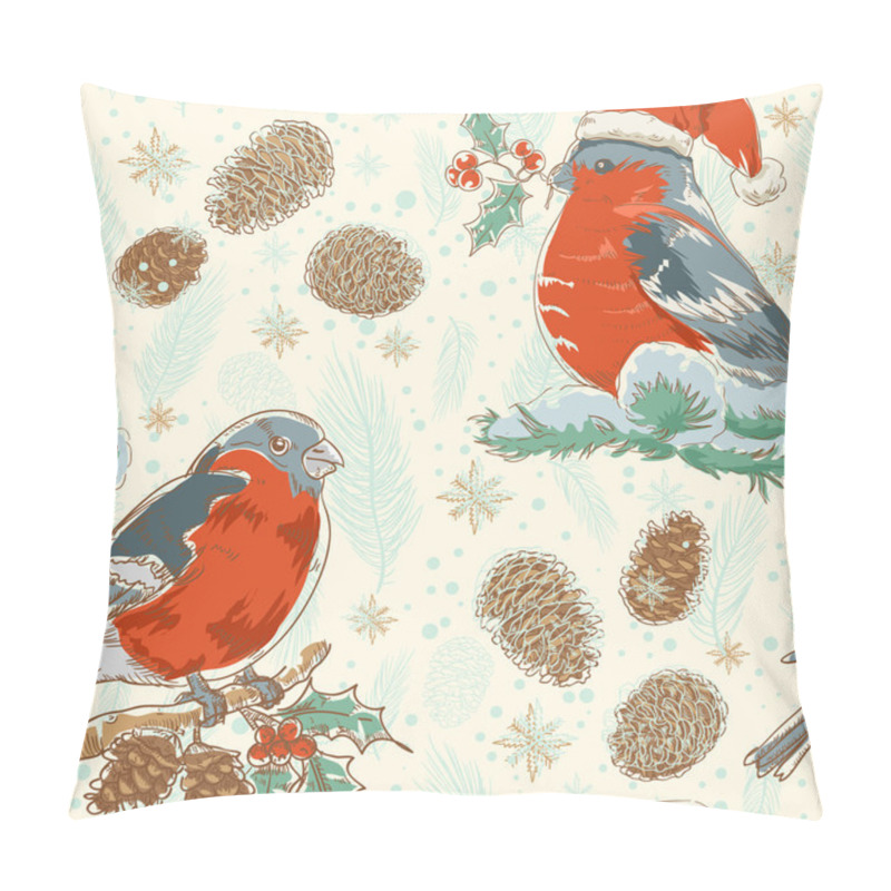 Personality  Christmas Seamless Retro Background With Bullfinch Bird Pillow Covers