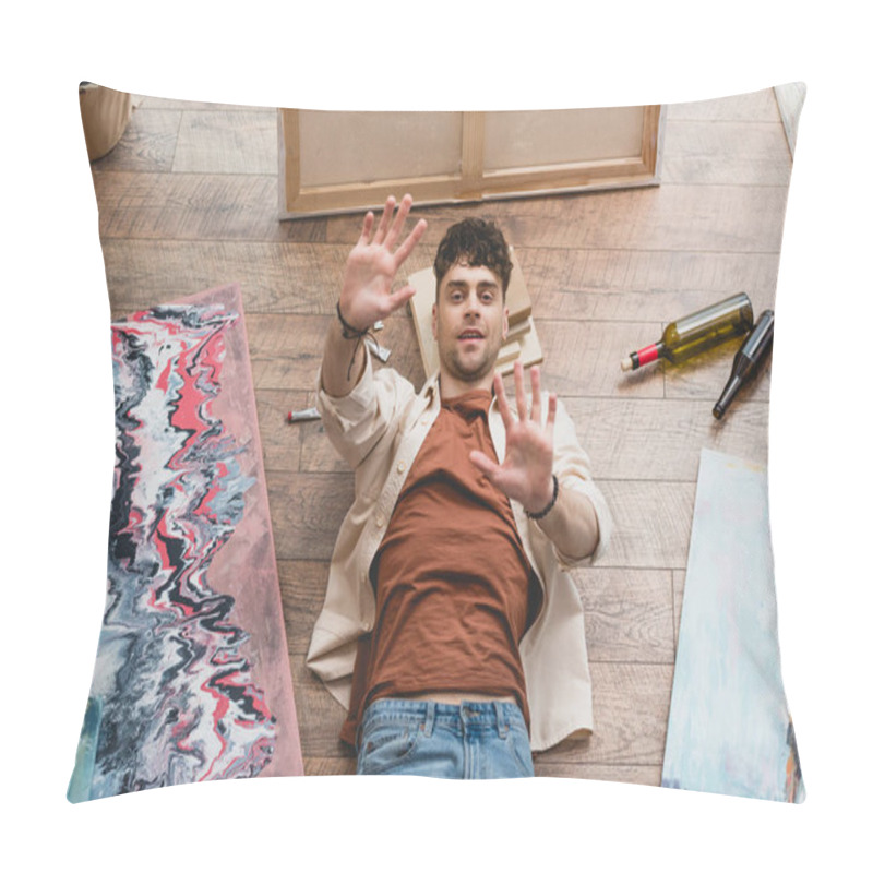 Personality  Overhead View Artist Lying On Wooden Floor With Stretched Hands Pillow Covers