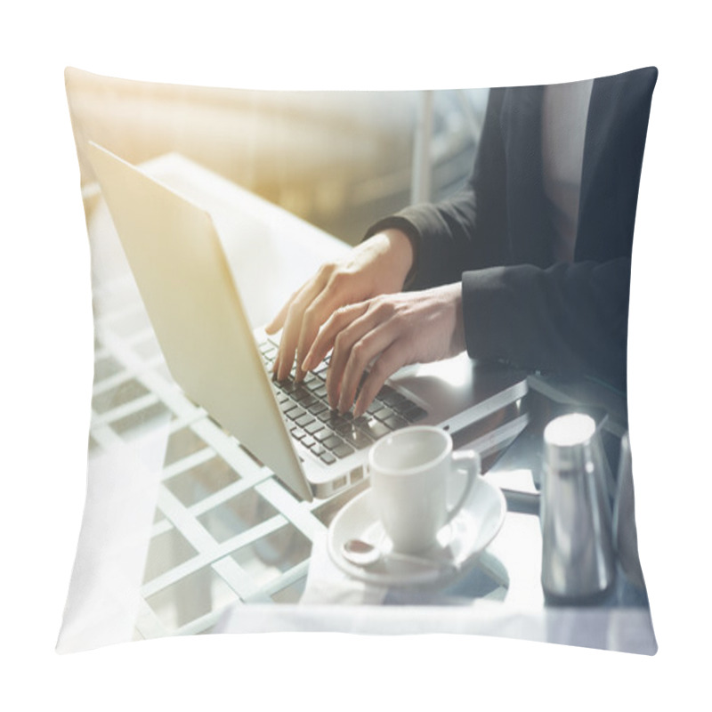 Personality  Businesswoman Working At The Bar Hands Close Up Pillow Covers