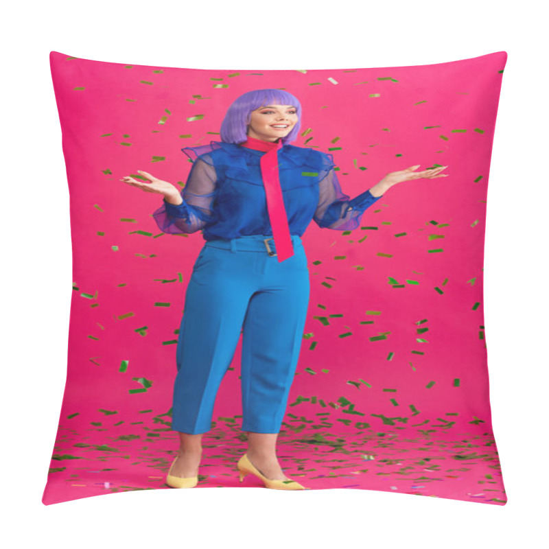 Personality  Beautiful Happy Pop Art Girl On Party With Confetti, On Pink Pillow Covers