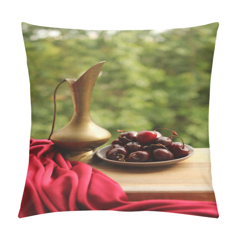 Personality  Beautiful Still Life With Fresh Cherries And Silk Cloth With Soft Folds On The Background Of Green Nature, Brass Jugs, The Concept Of Exquisite Luxury Pillow Covers