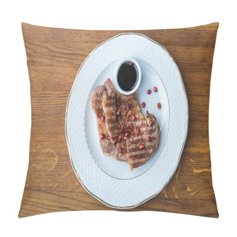 Personality  Top View Of Delicious Grilled Steaks With Pomegranate Seeds And Sauce On Wooden Tabletop Pillow Covers