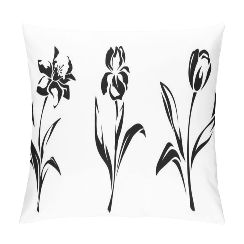 Personality  Narcissus, Iris, And Tulip Flowers. Set Of Black Silhouettes Of Flowers Isolated On A White Background. Vector Illustration Pillow Covers