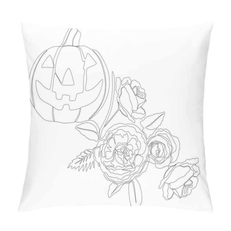 Personality  One Continuous Line Of Jack O' Lantern With Rose Flowers. Thin Line Illustration Vector Concept. Contour Drawing Creative Ideas. Pillow Covers