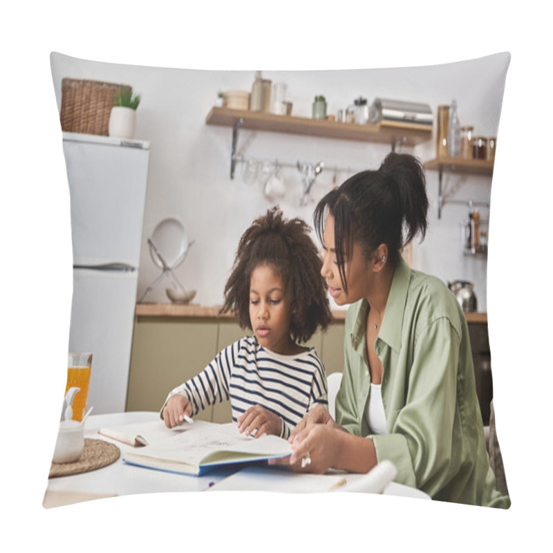 Personality  A Devoted Mother Reads With Her Young Daughter In Their Cozy Kitchen Filled With Warmth And Love. Pillow Covers