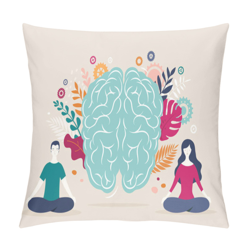 Personality  Young Woman And Man Sit With Crossed Legs And Meditate With Brain Icon On The Background. Vector Illustration Pillow Covers