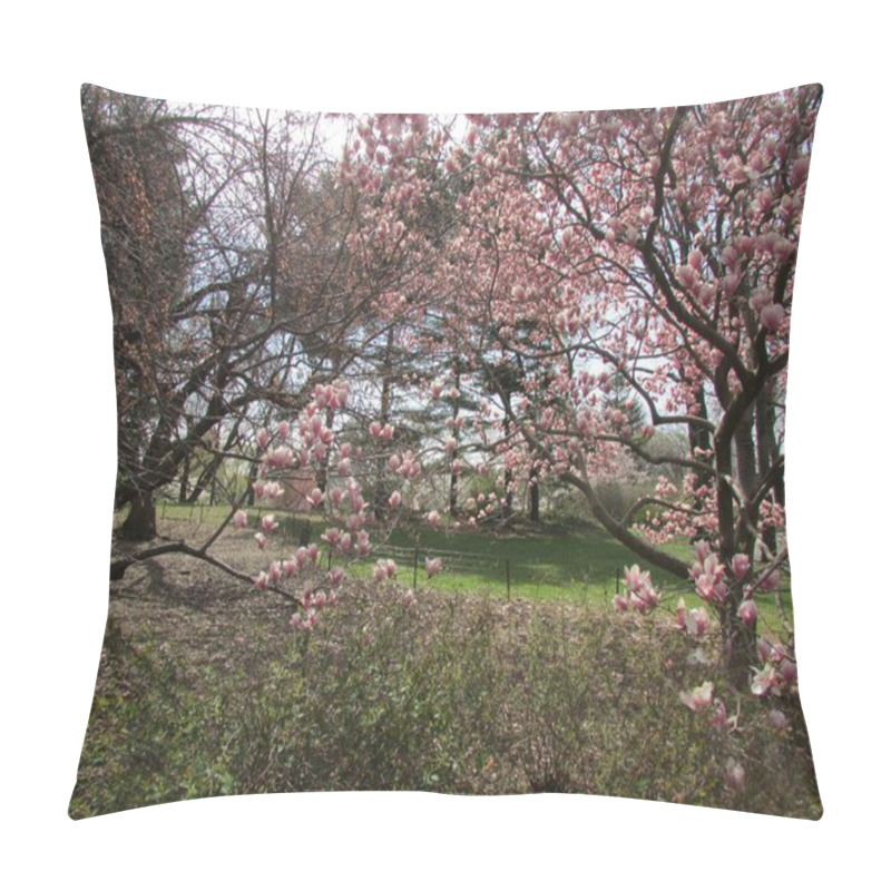 Personality  Beautiful Green Garden With White And Pink Ype Flowers. Trees And Branches Pillow Covers