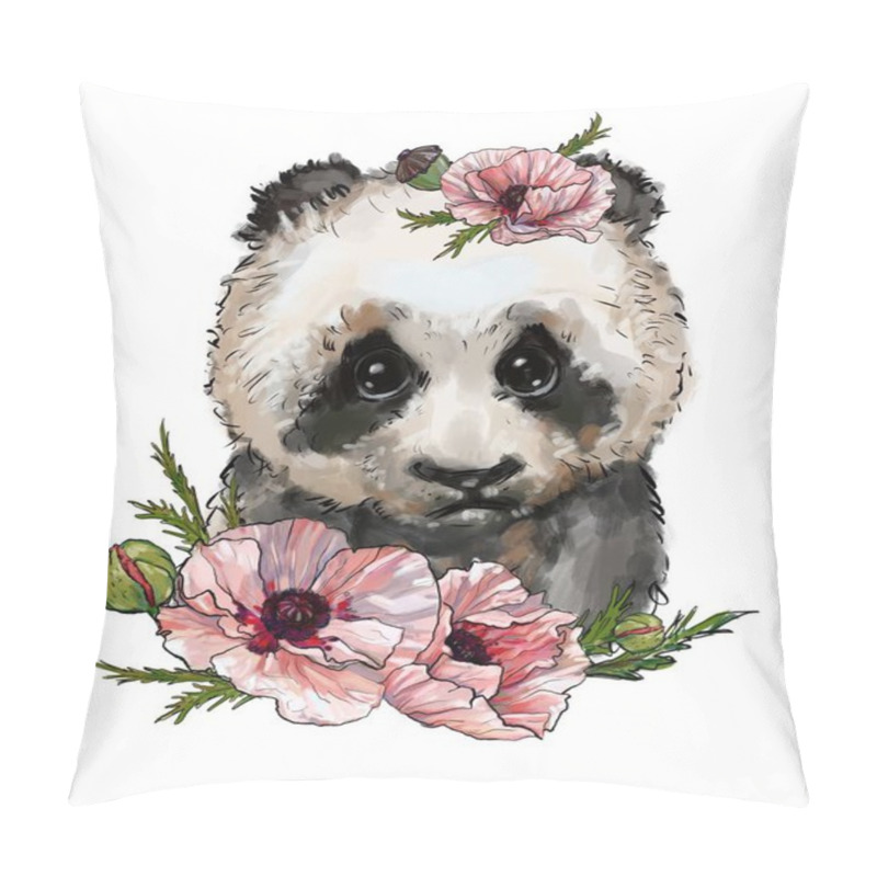 Personality  Cute Children's Illustration, Panda, Bear In Flowers, Cute Panda, The Best T-shirt Prints. Wild Animals Pillow Covers