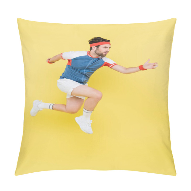 Personality  Bearded Sportsman Jumping And Looking Away Isolated On Yellow  Pillow Covers