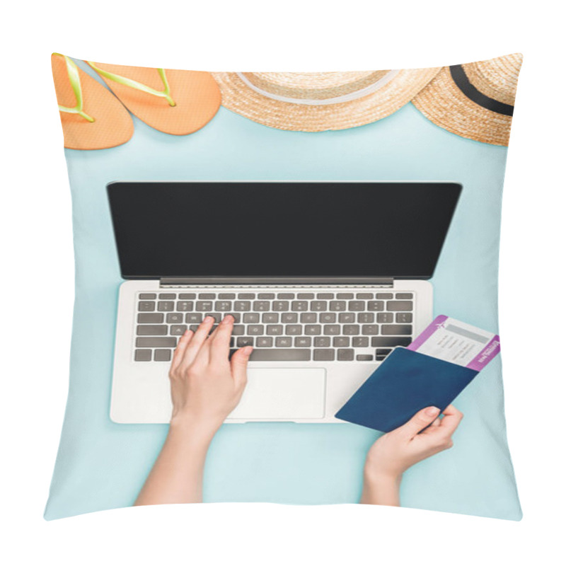 Personality  Cropped View Of Woman Using Laptop With Blank Screen And Holding Passport With Air Ticket Near Straw Hats And Flip Flops On Blue Background Pillow Covers