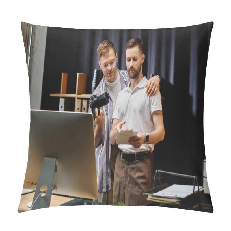 Personality  Two Men, In Casual Attire, Work Together At A Computer In An Office Setting. Pillow Covers