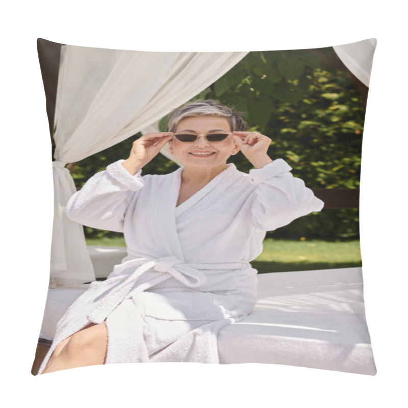 Personality  Happy Middle Aged Woman In Sunglasses Resting In Private Beach Pavilion During Wellness Retreat Pillow Covers