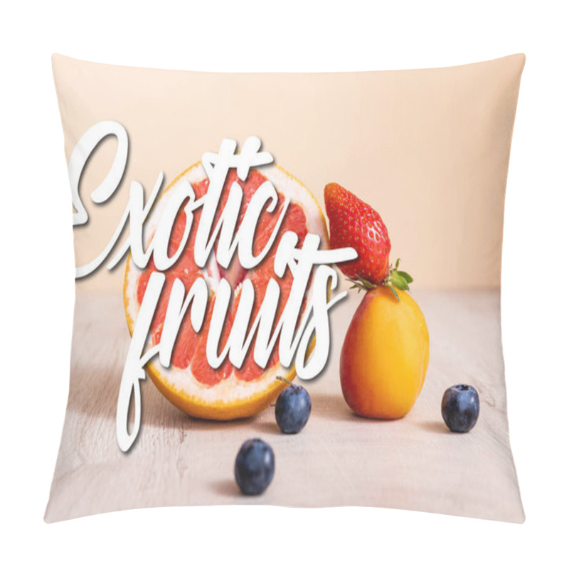 Personality  Fruit Composition With Berries, Grapefruit And Apricot Near Exotic Fruits Lettering On Beige Pillow Covers