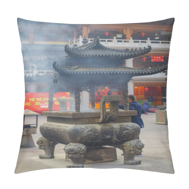 Personality  SHANGHAI, CHINA: Large Traditional Metal Structure With Beautiful Carvings, Man Making Fire Inside And Smoke Coming Out, Jingan Temple Neighborhood Pillow Covers