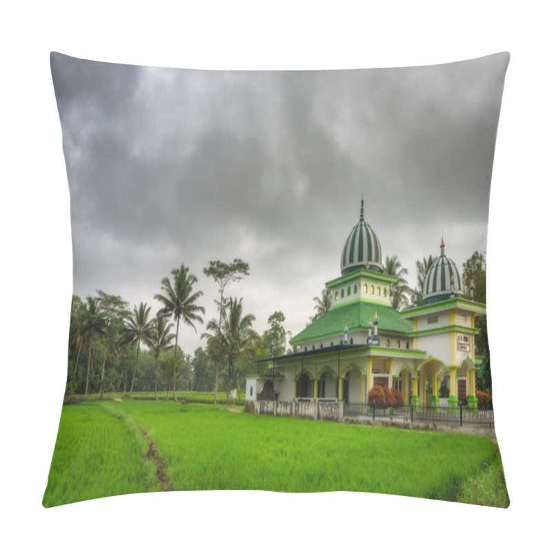 Personality  Java, Indonesia, 1 Oct 2024 A Picturesque Scene Showcasing A Mosque Amidst Vibrant Green Rice Fields Under A Moody Sky, Perfect For Serene Landscapes Pillow Covers