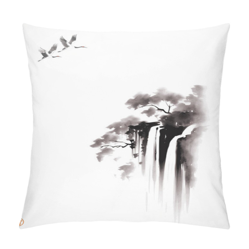 Personality  Ink Painting Of Cranes Flying Over Waterfall. Traditional Oriental Ink Painting Sumi-e, U-sin, Go-hua. Hieroglyph - Clarity Pillow Covers