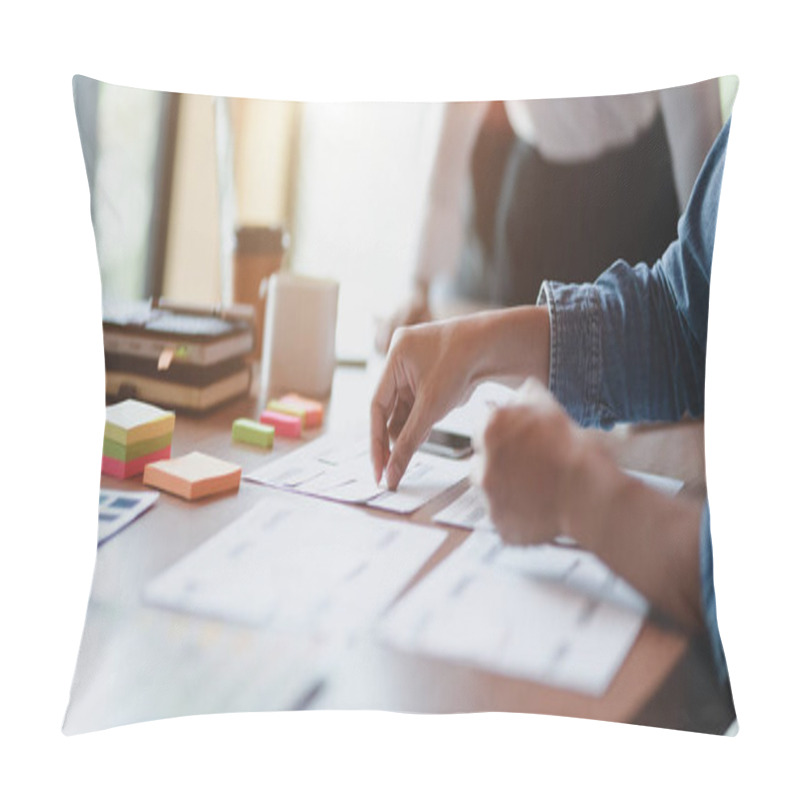 Personality  Close-up View Of Young Professional UI Web Designer Working On His Project With His Coworkers In The Background Pillow Covers