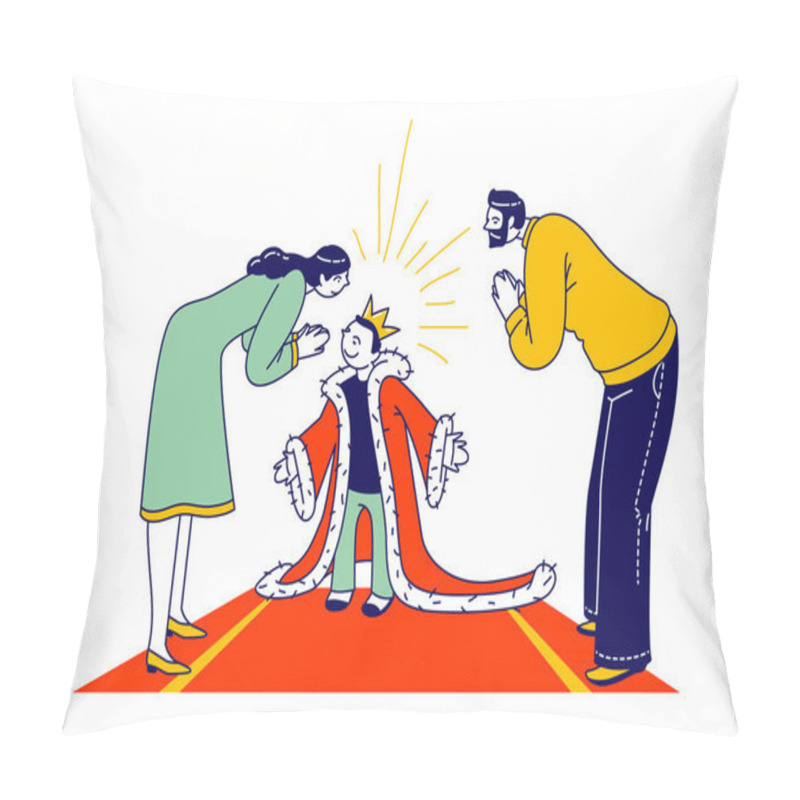 Personality  Spoiled Kid Concept. Parent Characters Admire With Child In Gold Crown On Head And Royal Mantle Standing On Red Carpet. Cockered Baby, Egoist Education, Little King. Linear People Vector Illustration Pillow Covers