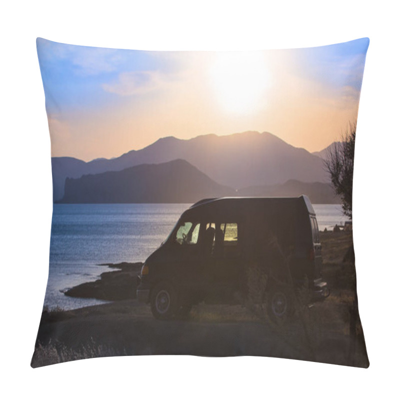 Personality  Minivan By The Seashore At Sunset Against The Backdrop Of Mountains Pillow Covers