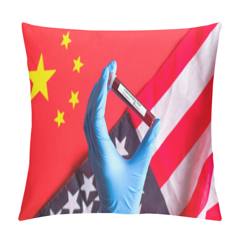 Personality  Novel Coronavirus Outbreak In USA Concept. Nurse Hand Holding Test Tube With Infected Blood Over Chinese Flag And Flag Of The United States Of America. Coronavirus Laboratory Testing Pillow Covers