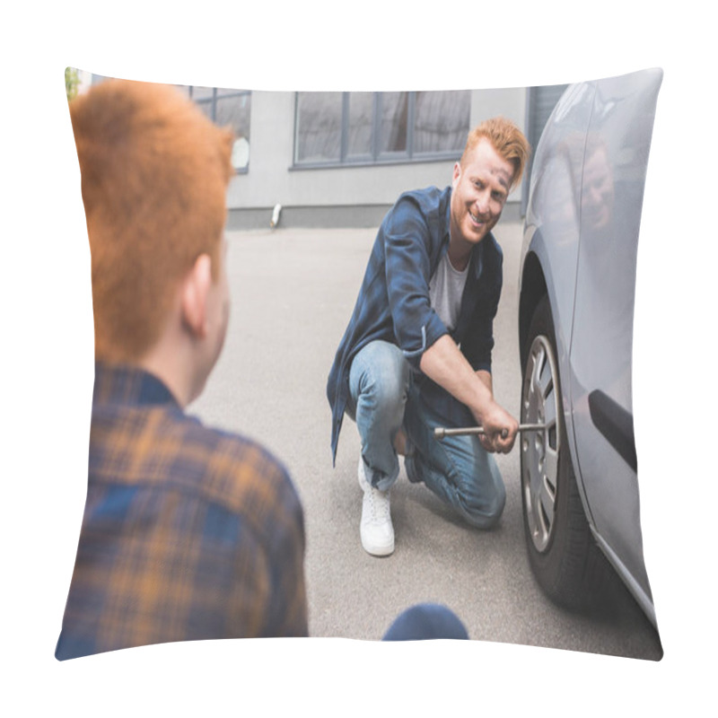 Personality  Father Changing Tire In Car With Wheel Wrench And Looking At Son Pillow Covers