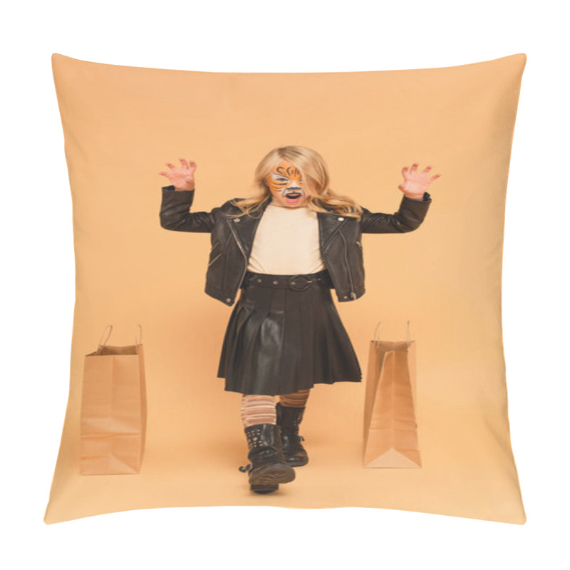 Personality  Stylish Girl With Tiger Face Painting Growling And Showing Scary Gesture On Beige Pillow Covers