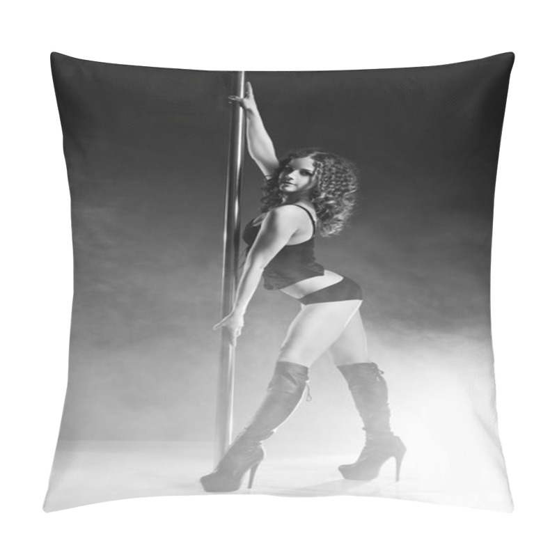 Personality  Young Slim Pole Dance Woman Exercising Over Dark Pillow Covers