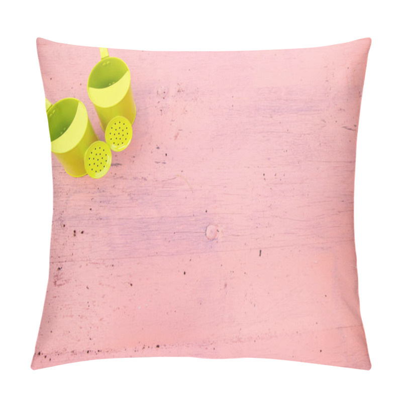 Personality  Top Down View Of A Two Children's Small Green Gardening Watering Cans On A Pink Background Gardening Or Watering Plants Poster Or Concept Pillow Covers