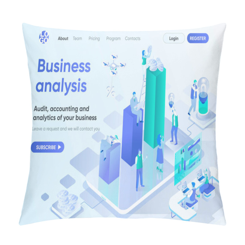 Personality  Business Analysis Isometric Landing Page. Professional Audit, Accounting And Analytics Service. Consulting Company Template For CMS And Website Builder. Isometry Scene With People Characters. Pillow Covers