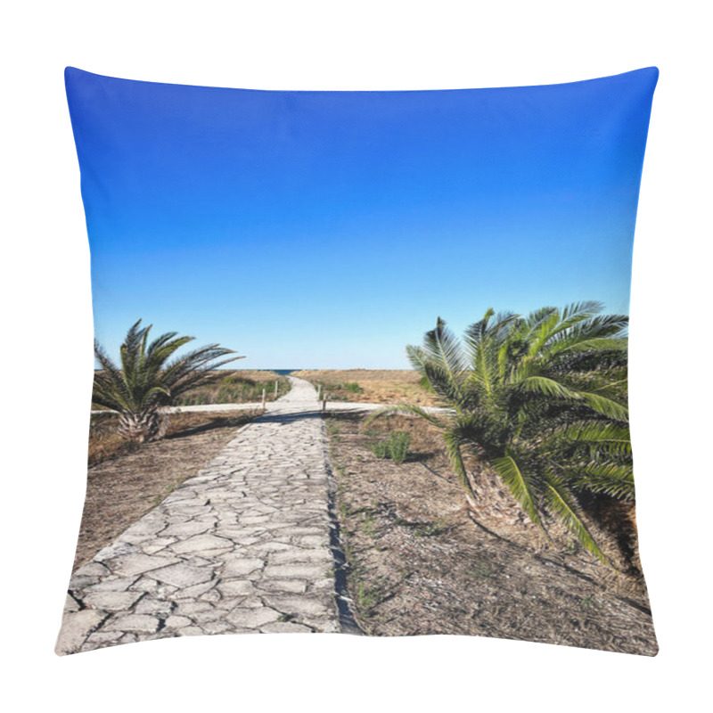 Personality  A Peaceful Stone Pathway Flanked By Palm Trees Stretches Towards The Horizon Under A Vibrant Blue Sky. Represents Tranquility, Nature, And A Journey To Serenity. Pillow Covers