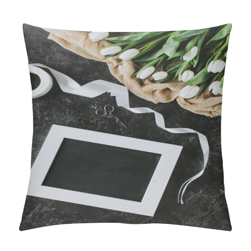 Personality  Top View Of White Tulips, Ribbon And Frame On Black Surface, International Womens Day Background Pillow Covers