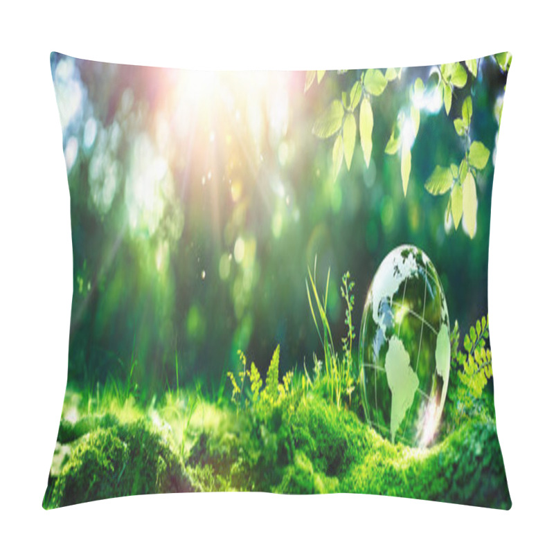 Personality  Earth Day - Environment - Green Globe In Forest With Moss And Defocused Abstract Sunlight Pillow Covers