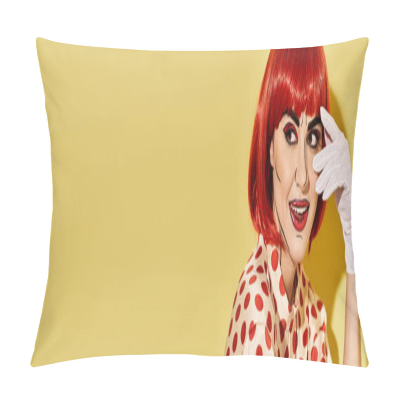 Personality  A Pretty Redhead Woman With Pop Art Makeup And A Polka Dot Dress On A Bright Yellow Background. Pillow Covers