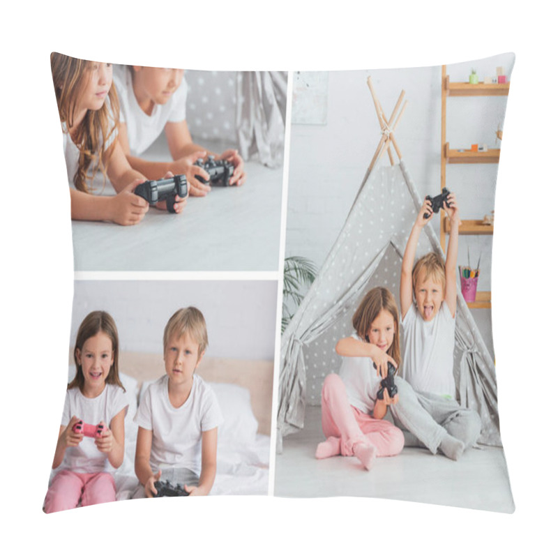 Personality  KYIV, UKRAINE - JULY 21, 2020: Collage Of Brother And Sister Playing Video Game In Kids Wigmam And In Bedroom Pillow Covers