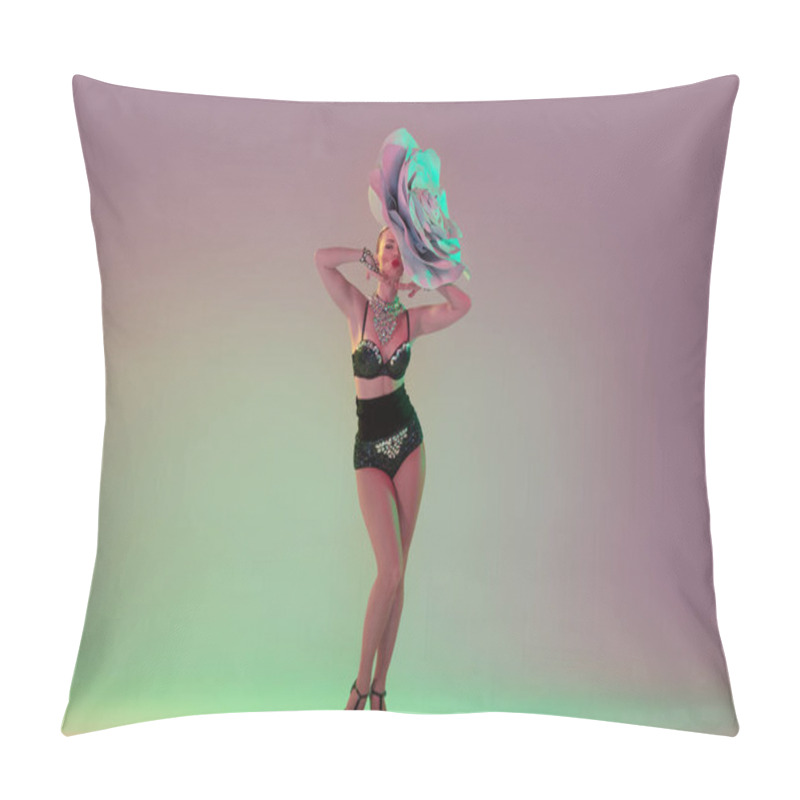 Personality  Young Female Dancer With Huge Floral Hats In Neon Light On Gradient Background Pillow Covers