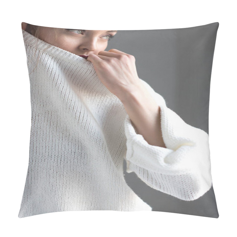 Personality  Sensual Young Woman Taking Off White Sweater And Looking Away On Grey  Pillow Covers