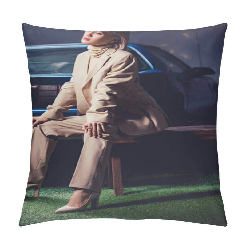 Personality  Attractive And Stylish Woman In Suit Sitting On Wooden Bench Bear Retro Car  Pillow Covers