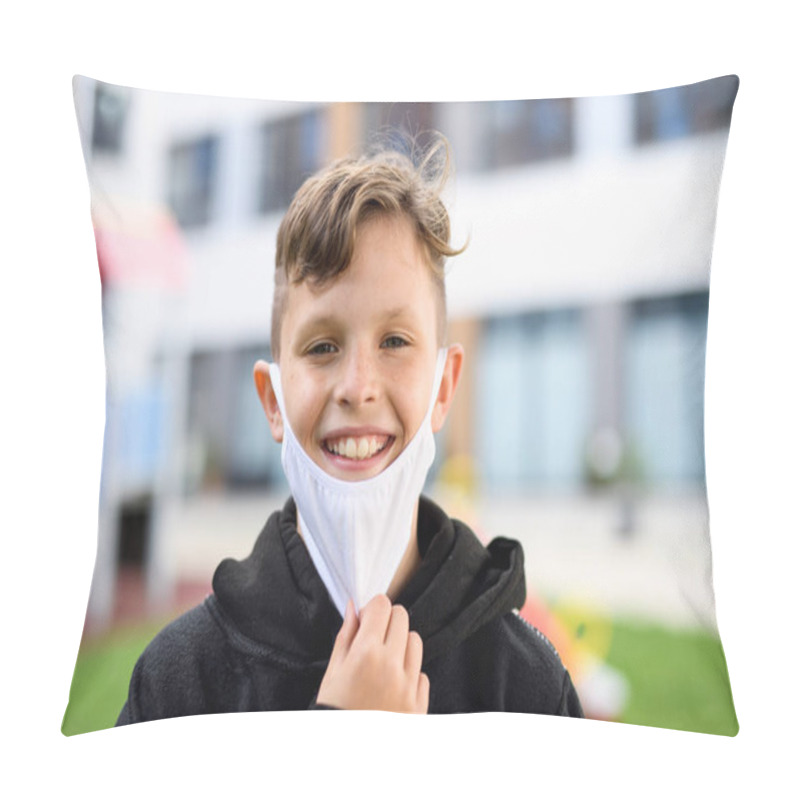 Personality  Portrait Of Happy Boy With Face Mask Going Back To School After Covid-19 Lockdown. Pillow Covers