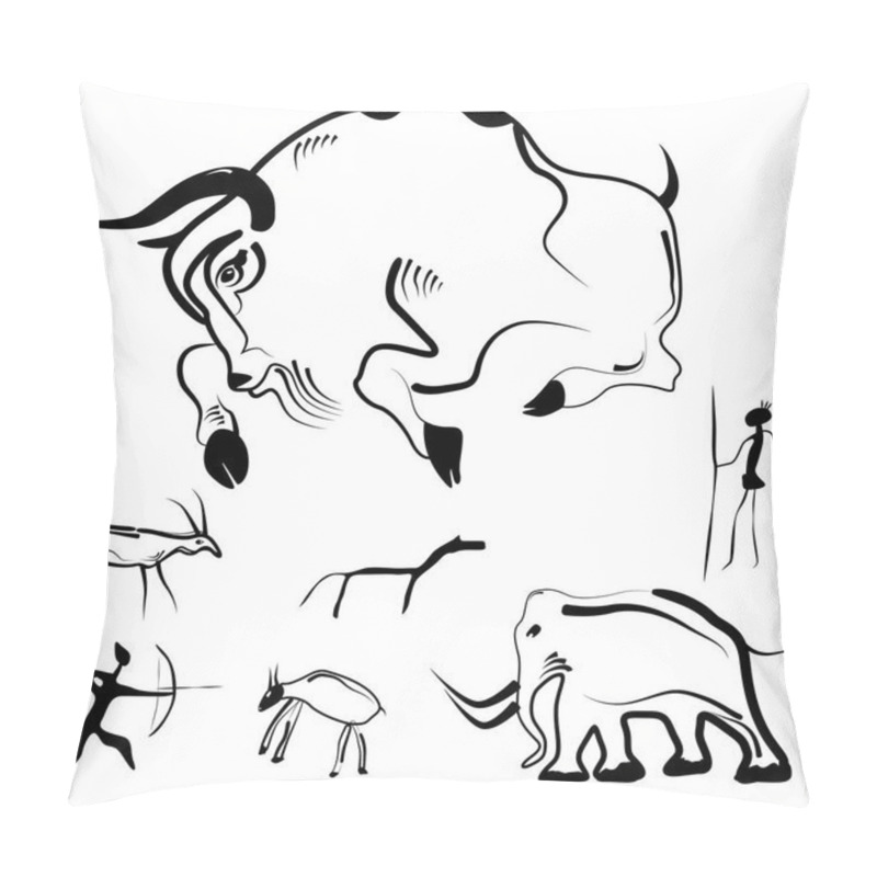 Personality  Stylized Drawings Of Prehistoric Animals And Humans Pillow Covers