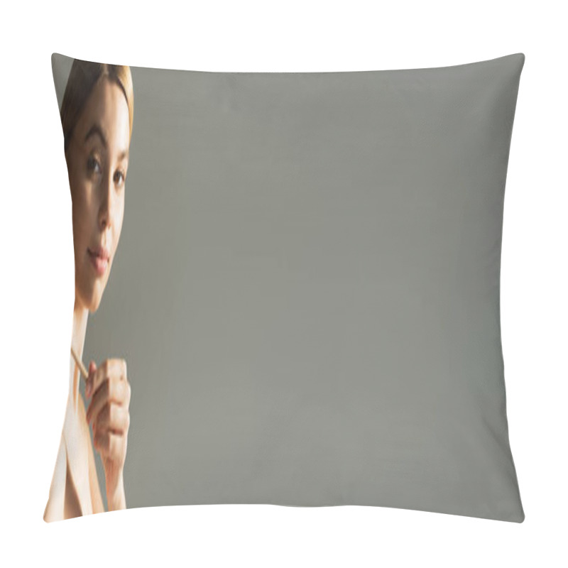 Personality  Blonde Woman Holding Dipper With Sweet Honey Near Bare Shoulder Isolated On Grey, Banner  Pillow Covers