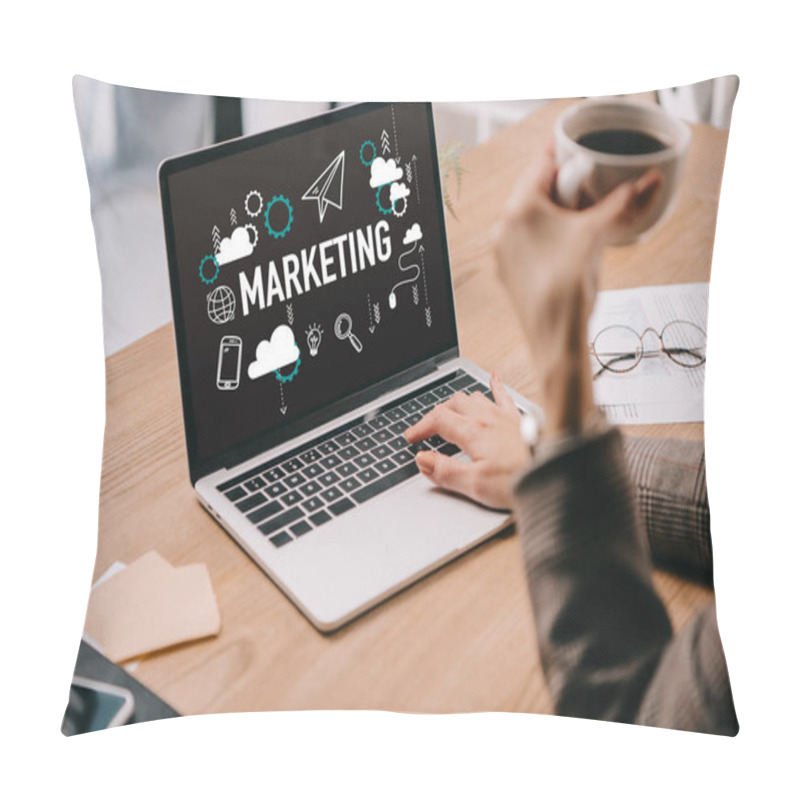 Personality  Cropped View Of Businesswoman With Coffee Cup Typing On Laptop With Marketing Icons Pillow Covers