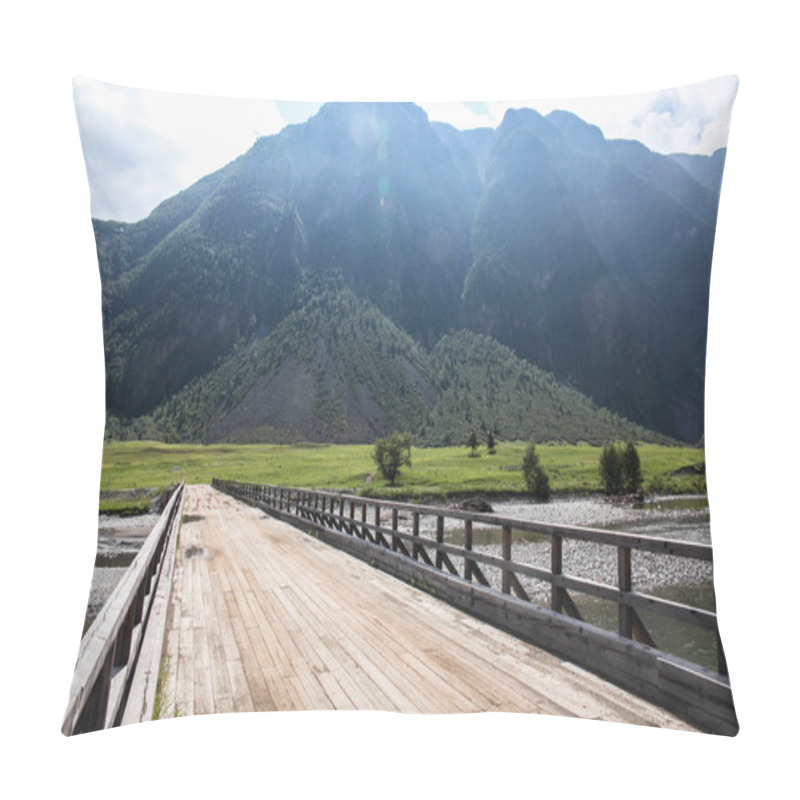 Personality  Mountain Landscape With River And Wooden Bridge, Altai, Russia Pillow Covers