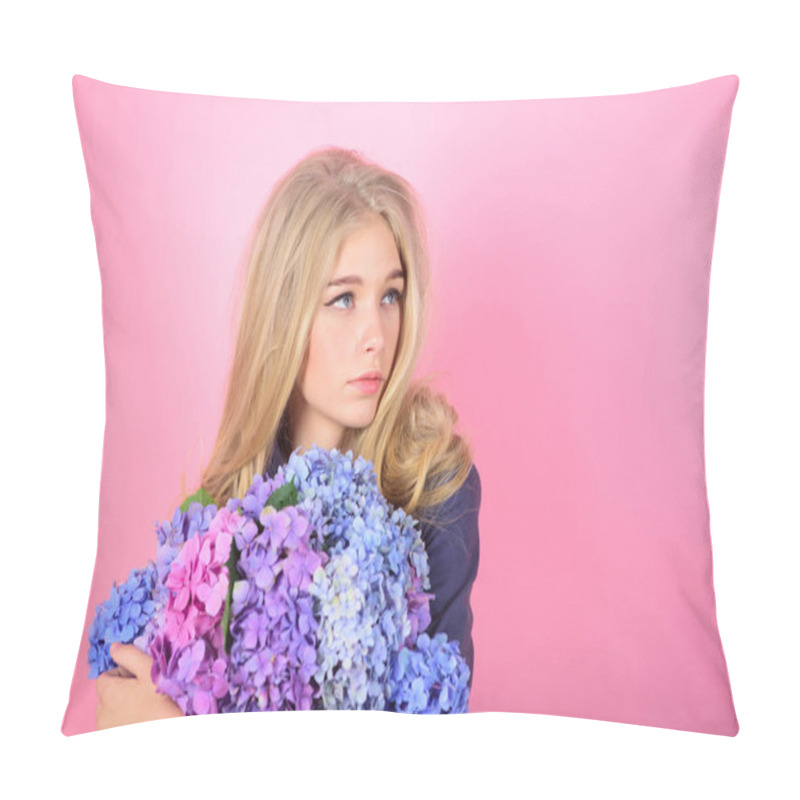 Personality  Simple Beauty. Girl Cute Blonde Hug Hydrangea Flowers Bouquet. Natural Beauty Concept. Skin Care And Beauty Treatment. Gentle Delicate Flower. Pure Beauty. Tenderness Of Young Skin. Springtime Bloom Pillow Covers