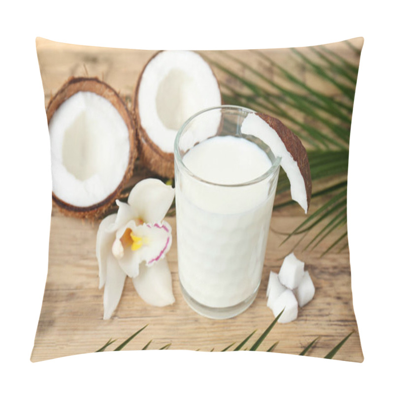 Personality  Glass Of Coconut Milk On Wooden Background Pillow Covers