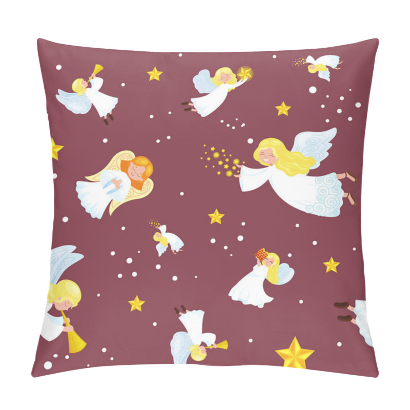 Personality  Christmas Holiday Flying Angel In The Sky With Wings And Golden Trumpet Like Symbol Christian Religion Or New Year Little Cute Girl On The Moon Jingle Bells Stars Vector Illustration. Pillow Covers