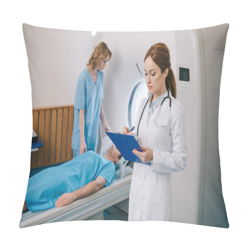 Personality  Nurse Preparing Patient For Mri Scanning While Radiologist Writing On Clipboard Pillow Covers